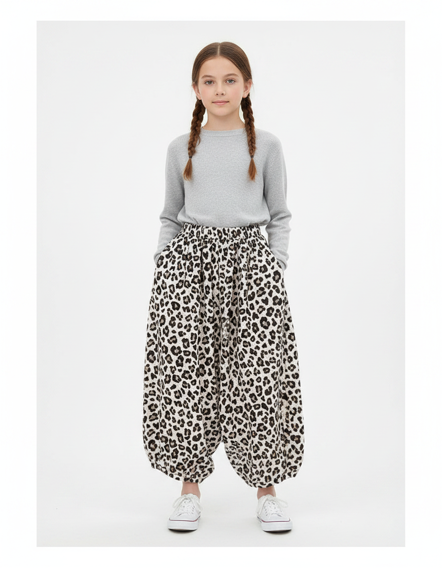 Pantalon Léopard Ample Imprimé Noir Blanc Fluide Fille - Viscose