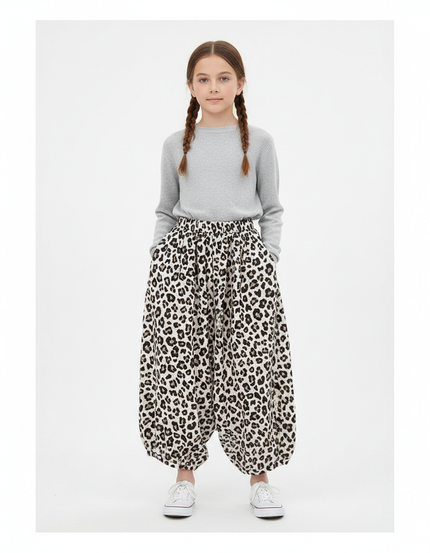 Pantalon Léopard Ample Imprimé Noir Blanc Fluide Fille - Viscose