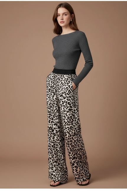 Pantalon Léopard Fluide Imprimé Taille Haute Ample - Satin