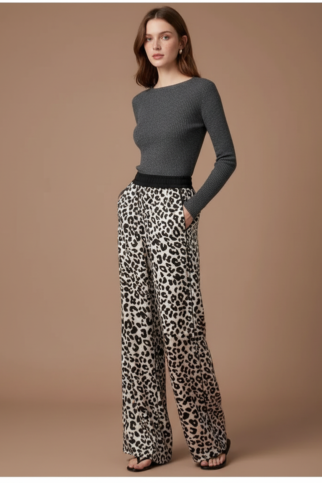 Pantalon Léopard Fluide Imprimé Taille Haute Ample - Satin