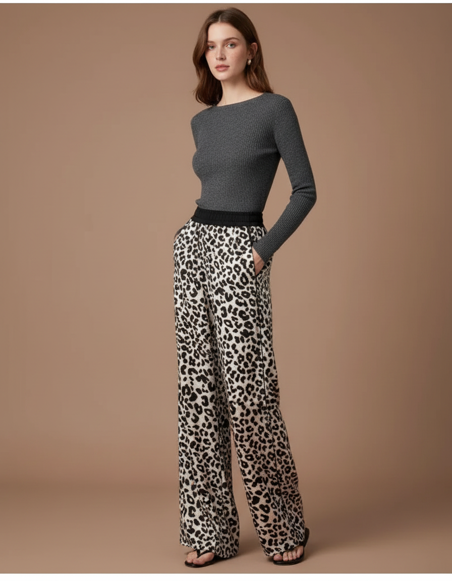 Pantalon Léopard Fluide Imprimé Taille Haute Ample - Satin