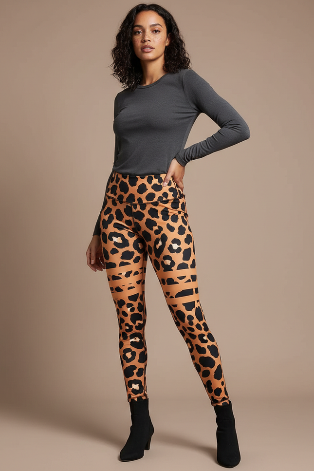 Pantalon Léopard Taille Haute Slim Fit Imprimé Marron - Polyester