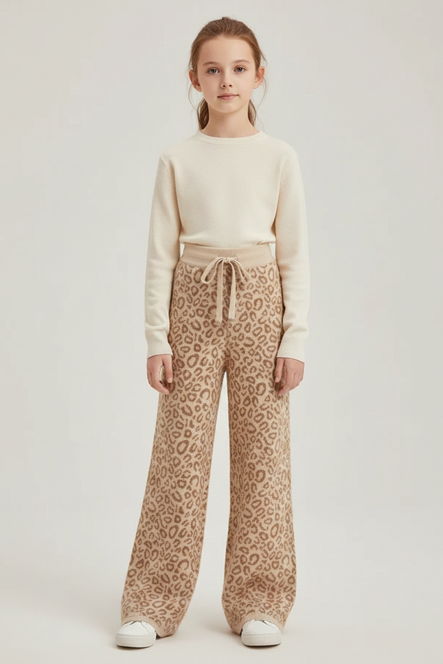Pantalon Léopard Beige Tricoté Ample Confortable Doux - Maille