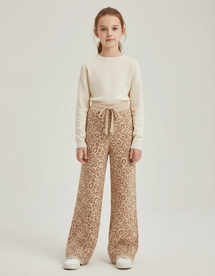 Pantalon Léopard Beige Tricoté Ample Confortable Doux - Maille