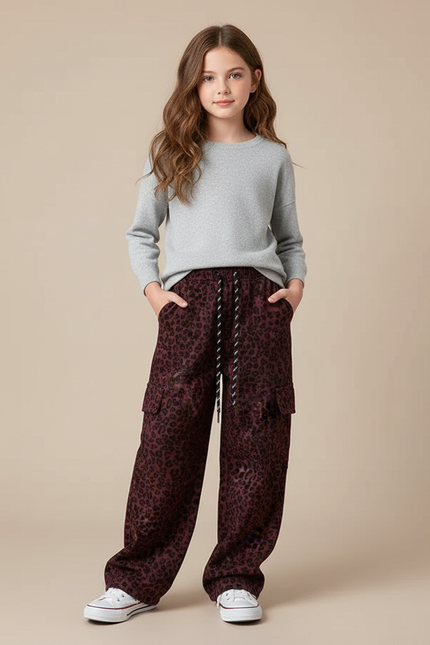 Pantalon Léopard Cargo Ample Bordeau Imprimé Fille - Bordeaux Viscose