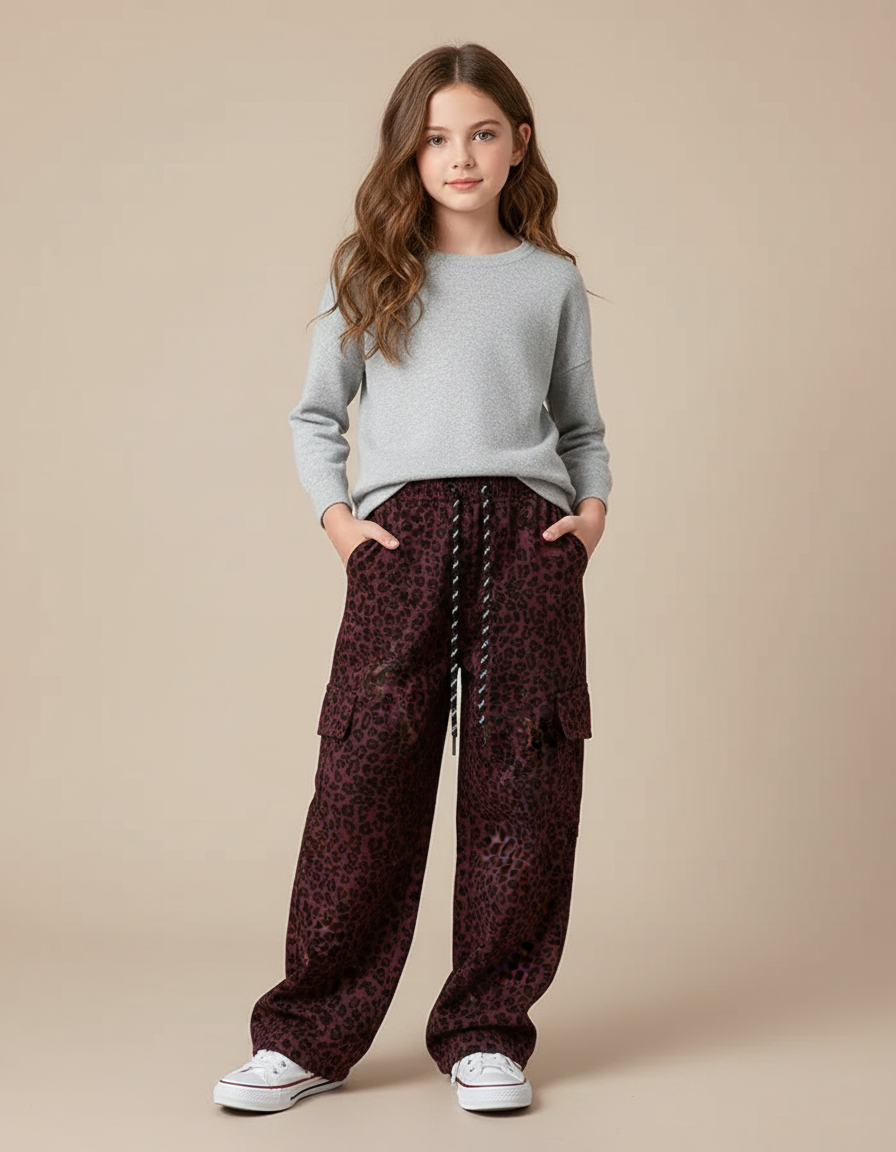 Pantalon Léopard Cargo Ample Bordeau Imprimé Fille - Bordeaux Viscose