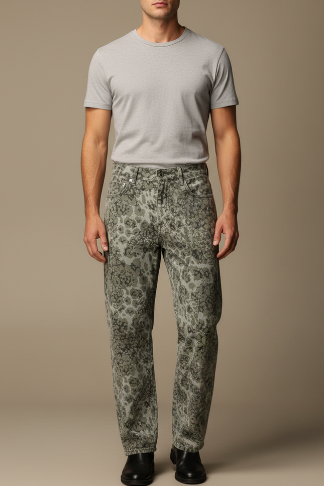 Pantalon Léopard Homme Gris Imprimé Ample Décontracté - Kaki Jean