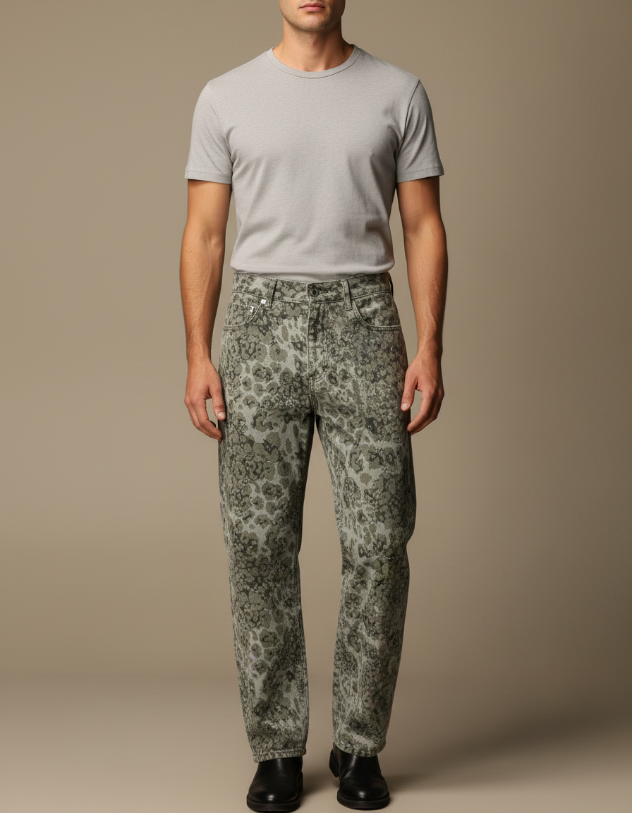 Pantalon Léopard Homme Gris Imprimé Ample Décontracté - Kaki Jean