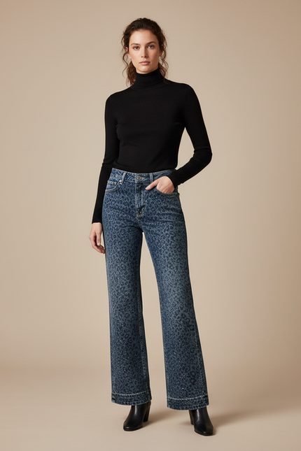 Pantalon Léopard Jean Ample Bleu Imprimé Délavé Femme