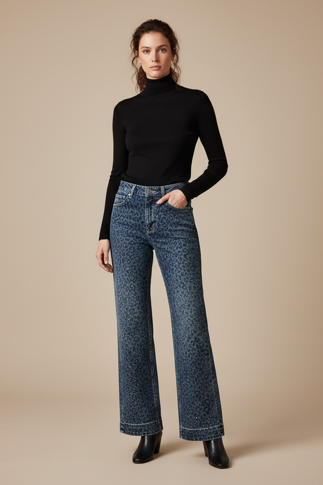 Pantalon Léopard Jean Ample Bleu Imprimé Délavé Femme
