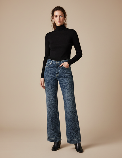 Pantalon Léopard Jean Ample Bleu Imprimé Délavé Femme