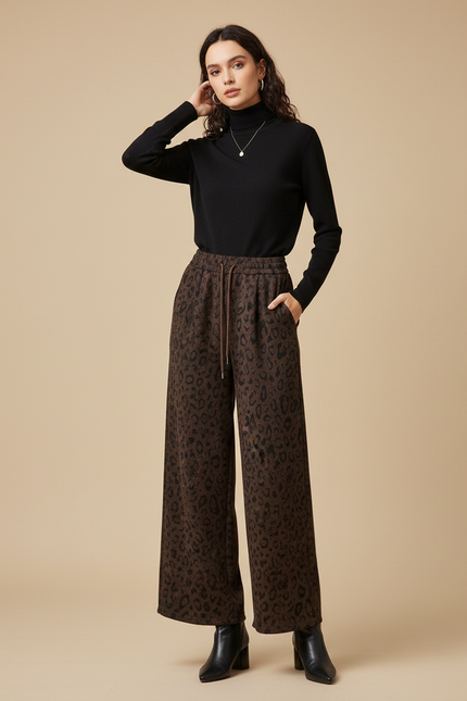 Pantalon Léopard Marron Ample Fluide Épais - Molleton