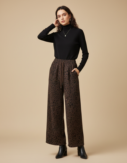 Pantalon Léopard Marron Ample Fluide Épais - Molleton