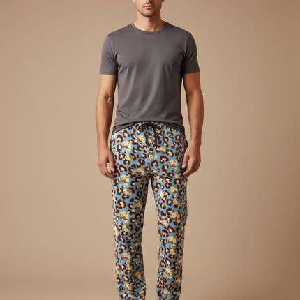 Pantalon Léopard Bleu Clair Imprimé Animal Doux Ample - Molleton