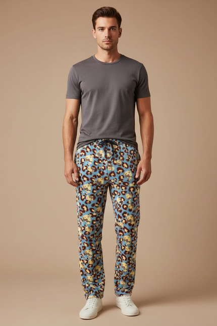 Pantalon Léopard Bleu Clair Imprimé Animal Doux Ample - Molleton