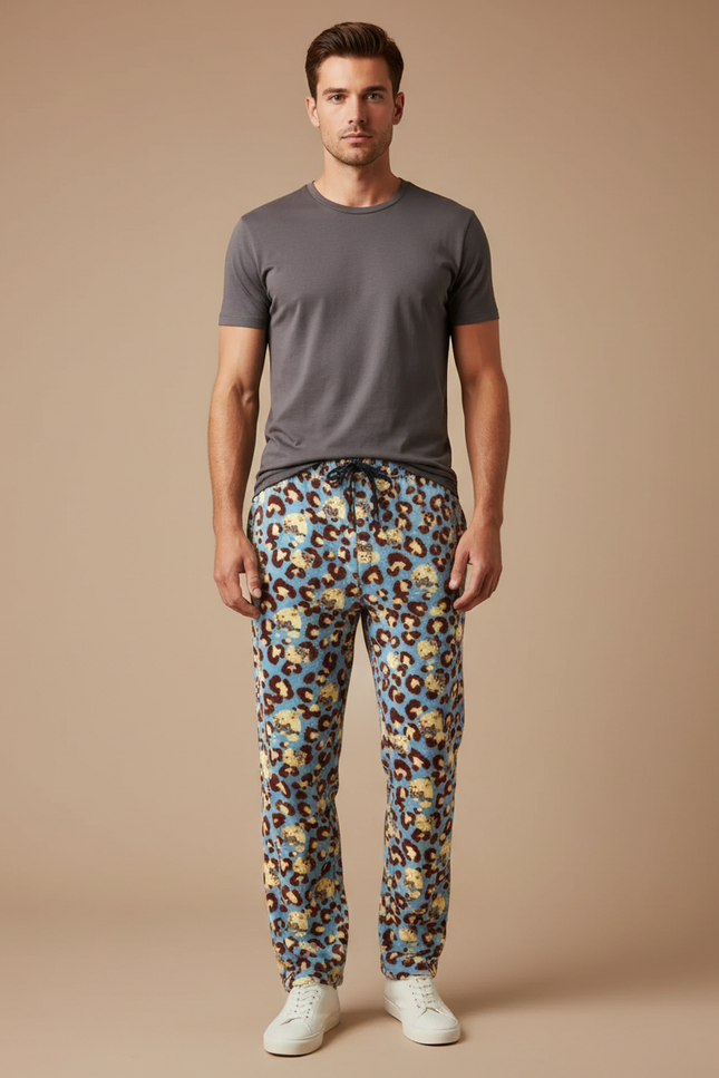 Pantalon Léopard Bleu Clair Imprimé Animal Doux Ample - Molleton