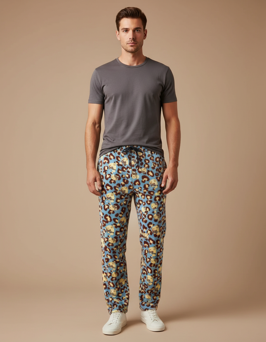 Pantalon Léopard Bleu Clair Imprimé Animal Doux Ample - Molleton
