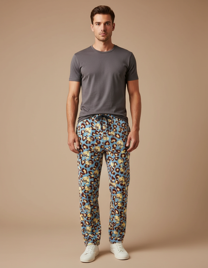 Pantalon Léopard Bleu Clair Imprimé Animal Doux Ample - Molleton