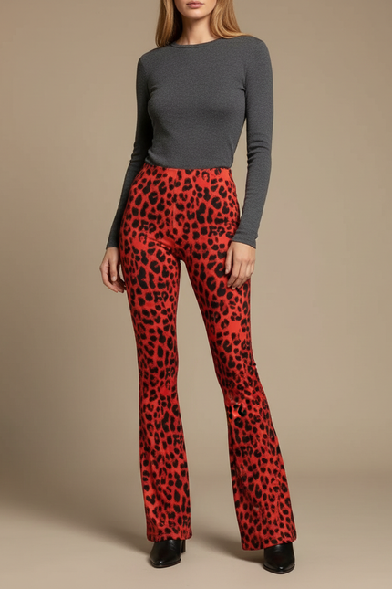 Pantalon Léopard Rouge Évasé Stretch Femme Chic - Maille
