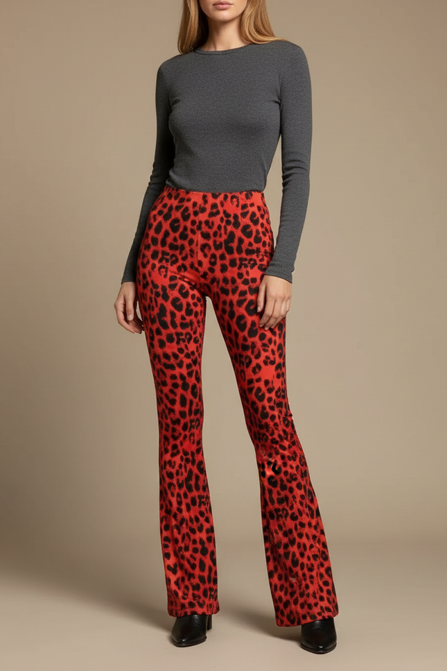 Pantalon Léopard Rouge Évasé Stretch Femme Chic - Maille