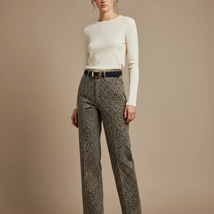 Pantalon Léopard Gris Ample Droit Imprimé Femme - Jean