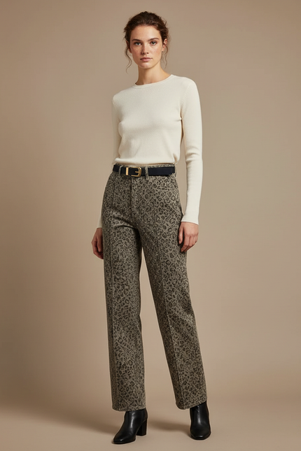 Pantalon Léopard Gris Ample Droit Imprimé Femme - Jean