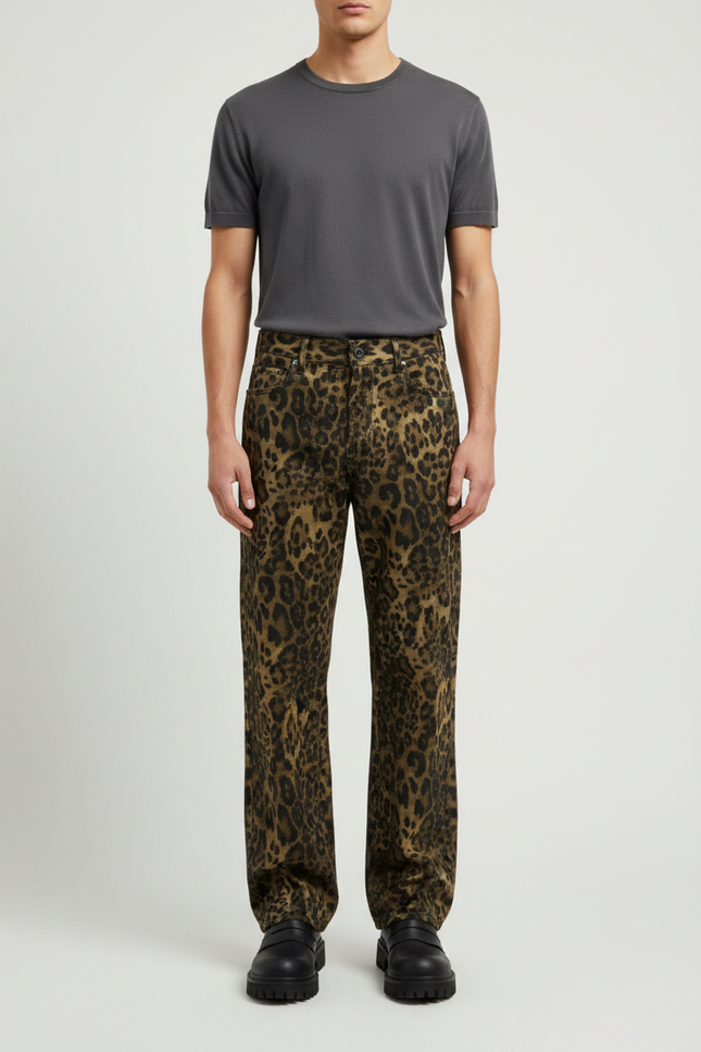 Pantalon Léopard Homme Imprimé Ample Marron Casual - Toile