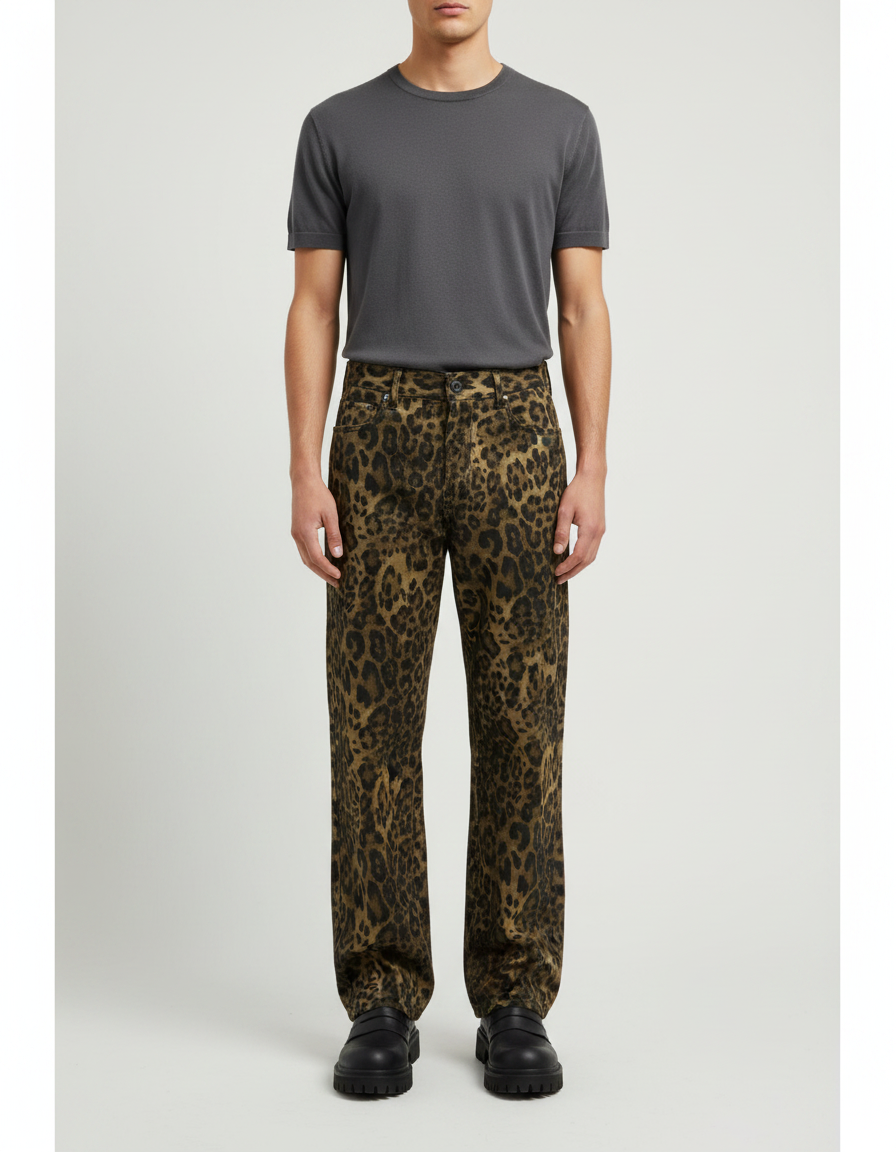 Pantalon Léopard Homme Imprimé Ample Marron Casual - Toile