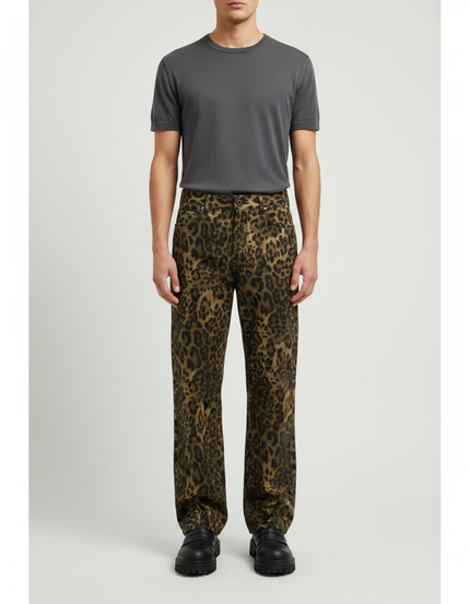 Pantalon Léopard Homme Imprimé Ample Marron Casual - Toile