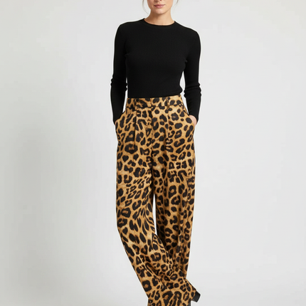 Pantalon Léopard Ample Fluide Satiné Marron