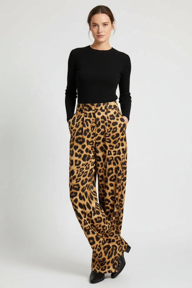 Pantalon Léopard Ample Fluide Satiné Marron