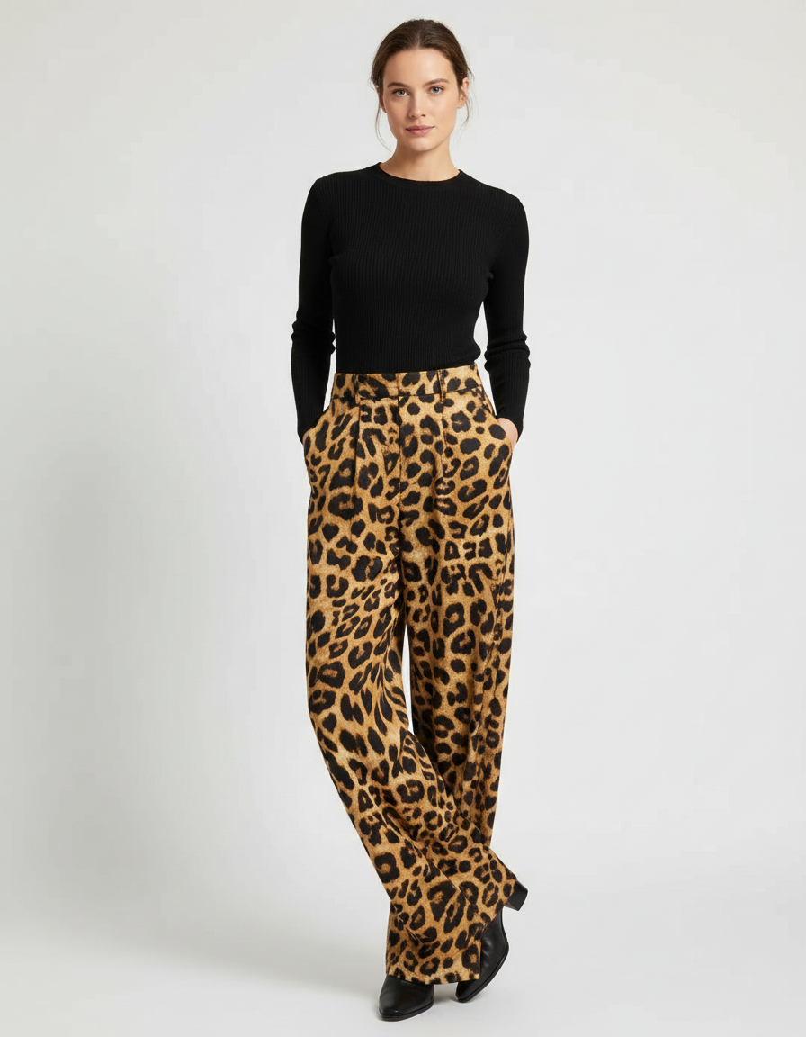 Pantalon Léopard Ample Fluide Satiné Marron