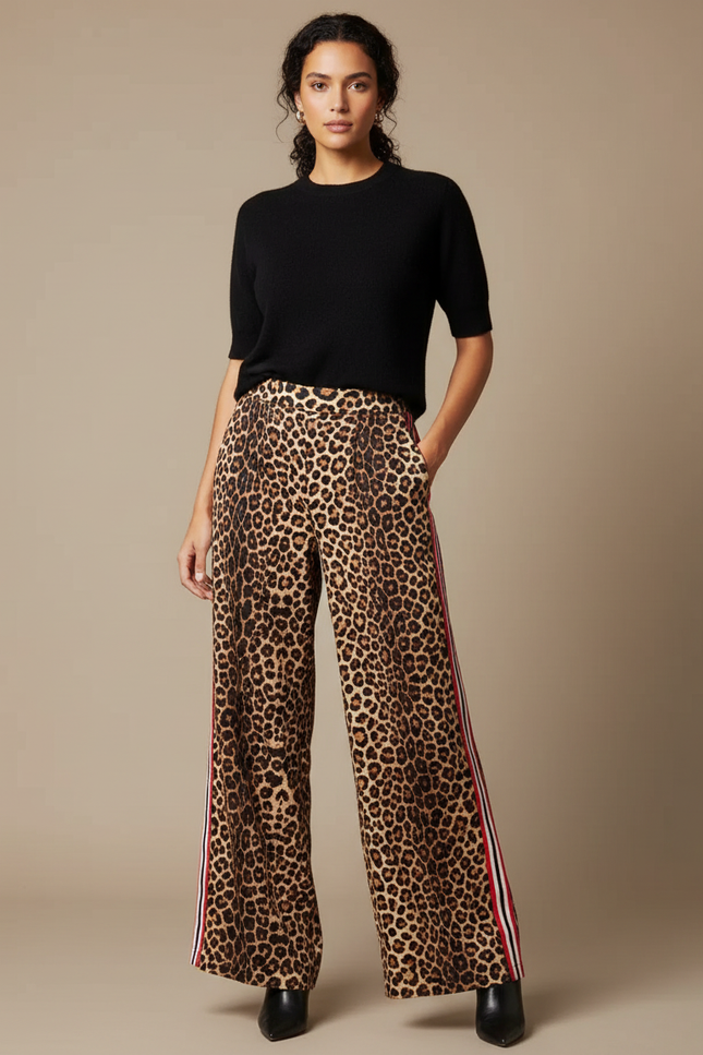 Pantalon Léopard Fluide Imprimé Rayures Latérales Femme - Viscose