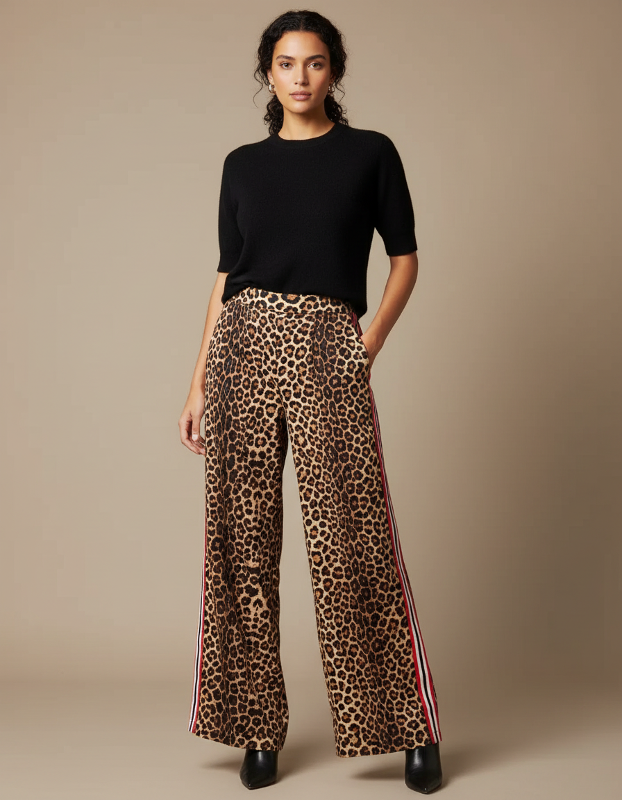 Pantalon Léopard Fluide Imprimé Rayures Latérales Femme - Viscose