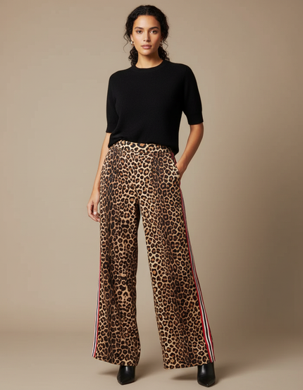 Pantalon Léopard Fluide Imprimé Rayures Latérales Femme - Viscose