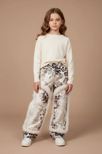 Pantalon Léopard Imprimé Fourrure Clouté Ample Blanc - Velours