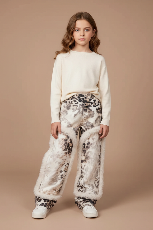 Pantalon Léopard Imprimé Fourrure Clouté Ample Blanc - Velours