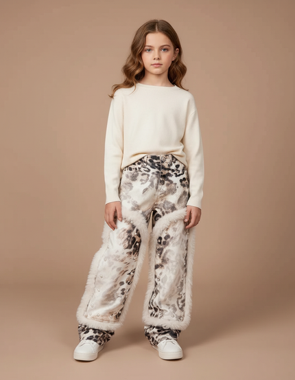 Pantalon Léopard Imprimé Fourrure Clouté Ample Blanc - Velours