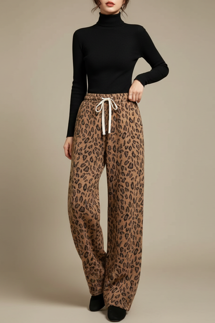 Pantalon Léopard Marron Ample Doux Décontracté Femme - Maille