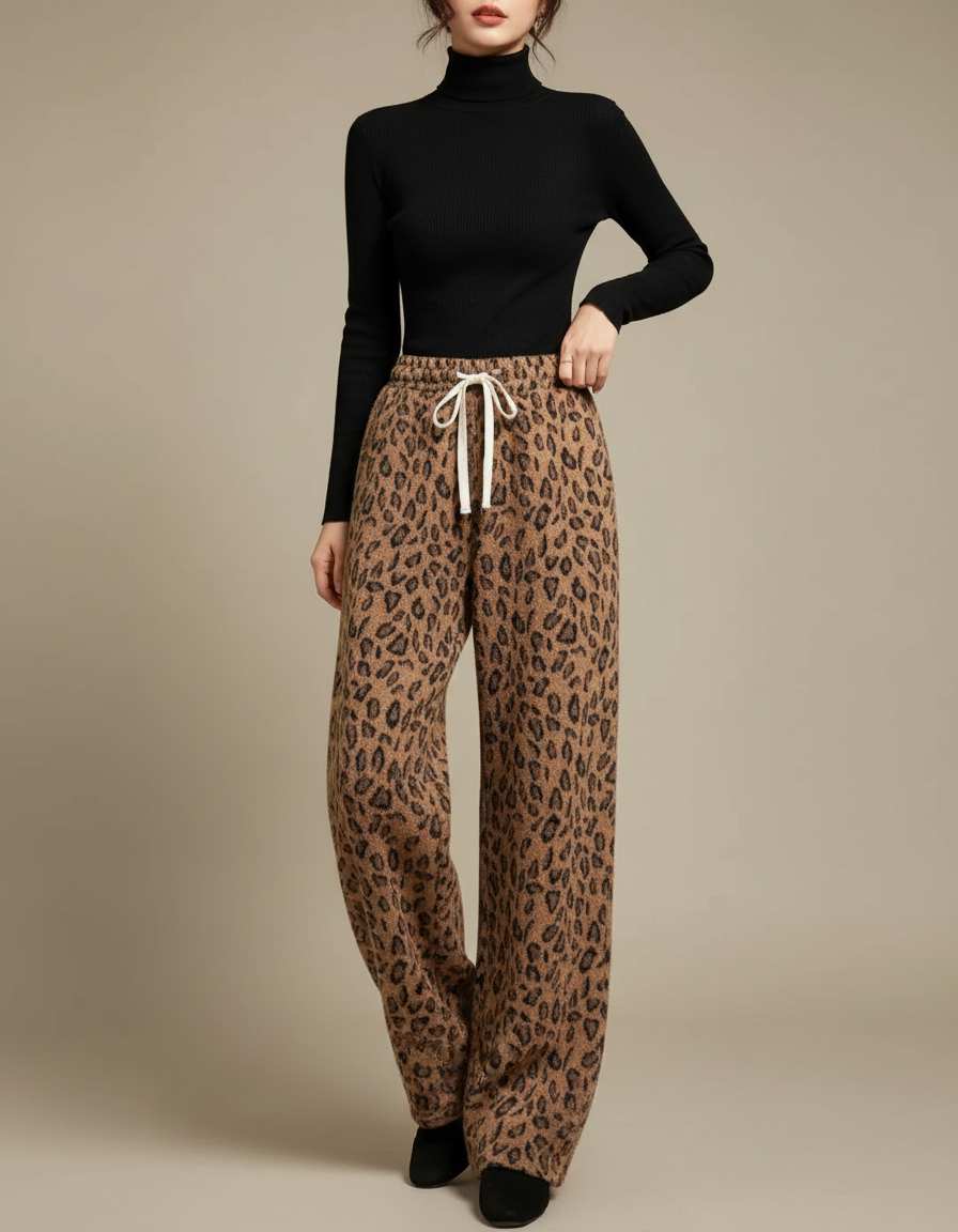 Pantalon Léopard Marron Ample Doux Décontracté Femme - Maille