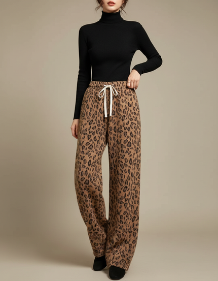 Pantalon Léopard Marron Ample Doux Décontracté Femme - Maille