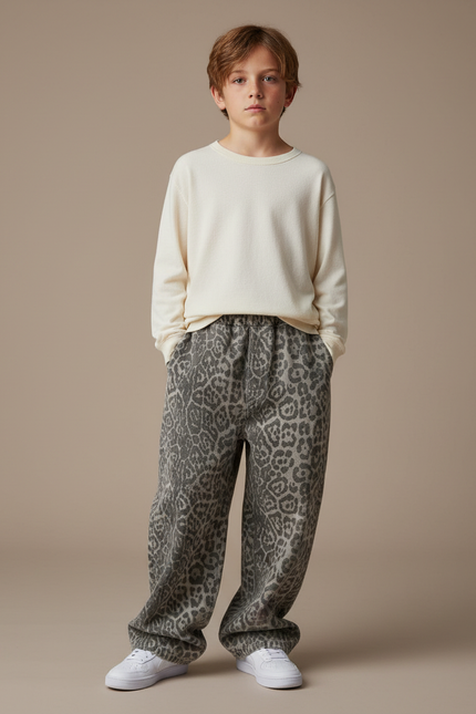 Pantalon Léopard Gris Ample Molletonné Garçon - Imprimé