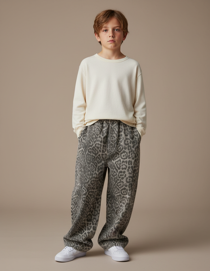 Pantalon Léopard Gris Ample Molletonné Garçon - Imprimé