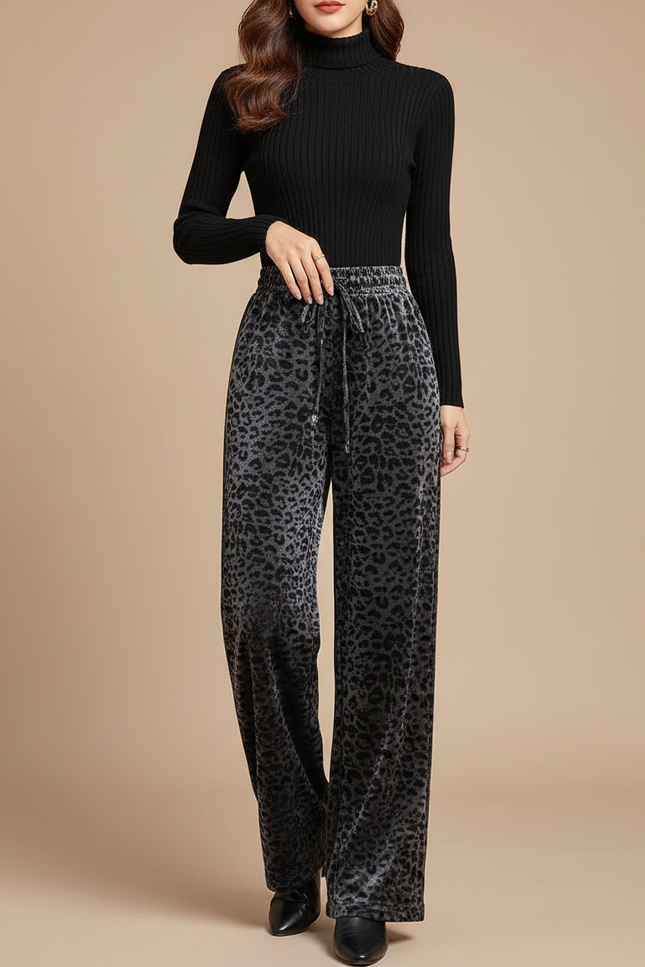 Pantalon Léopard Velours Gris Imprimé Taille Haute Fluide