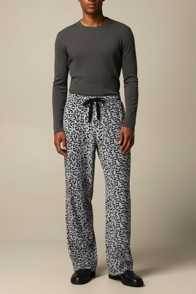 Pantalon Léopard Gris Ample Polaire Doux Décontracté - Molleton