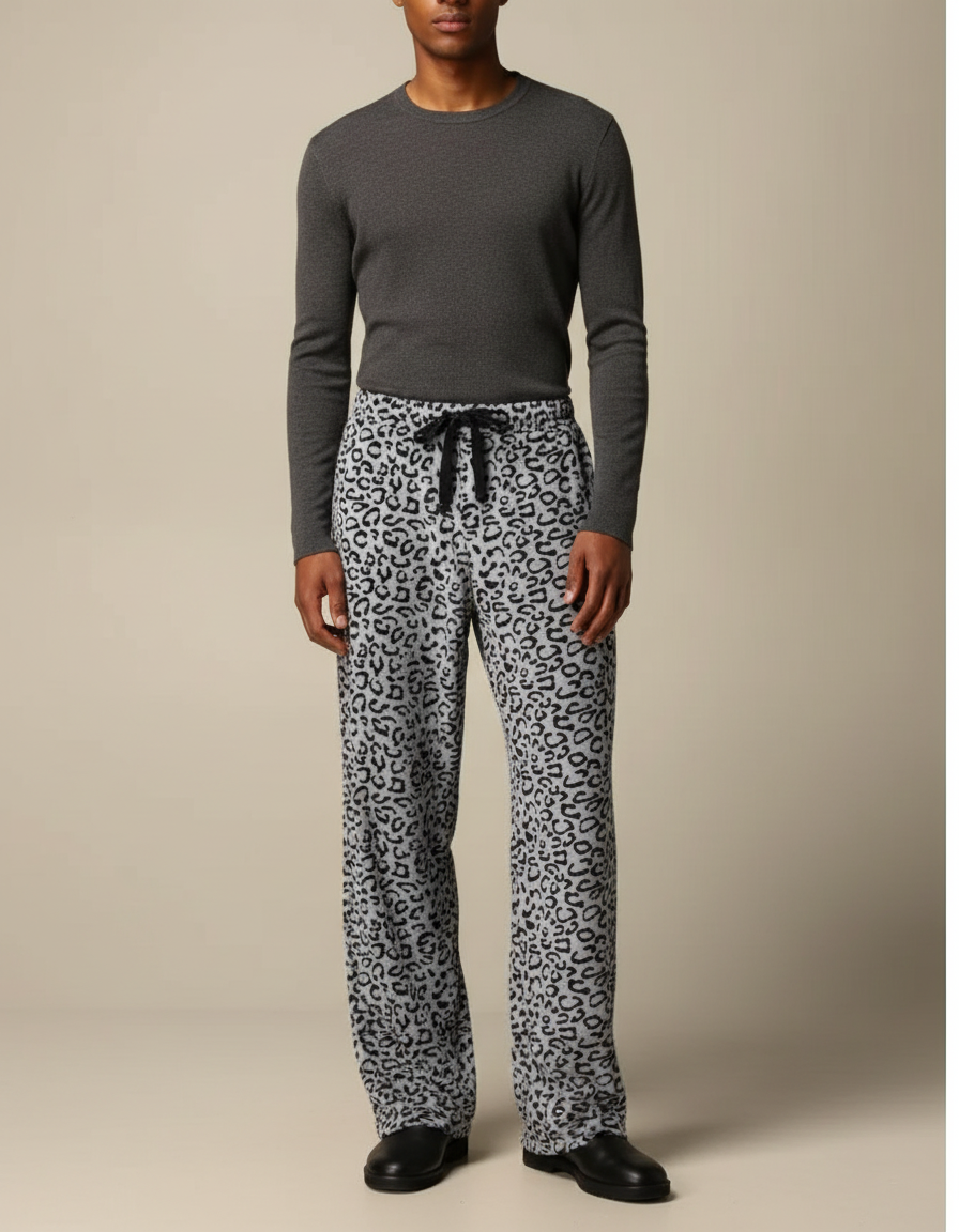 Pantalon Léopard Gris Ample Polaire Doux Décontracté - Molleton