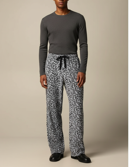 Pantalon Léopard Gris Ample Polaire Doux Décontracté - Molleton