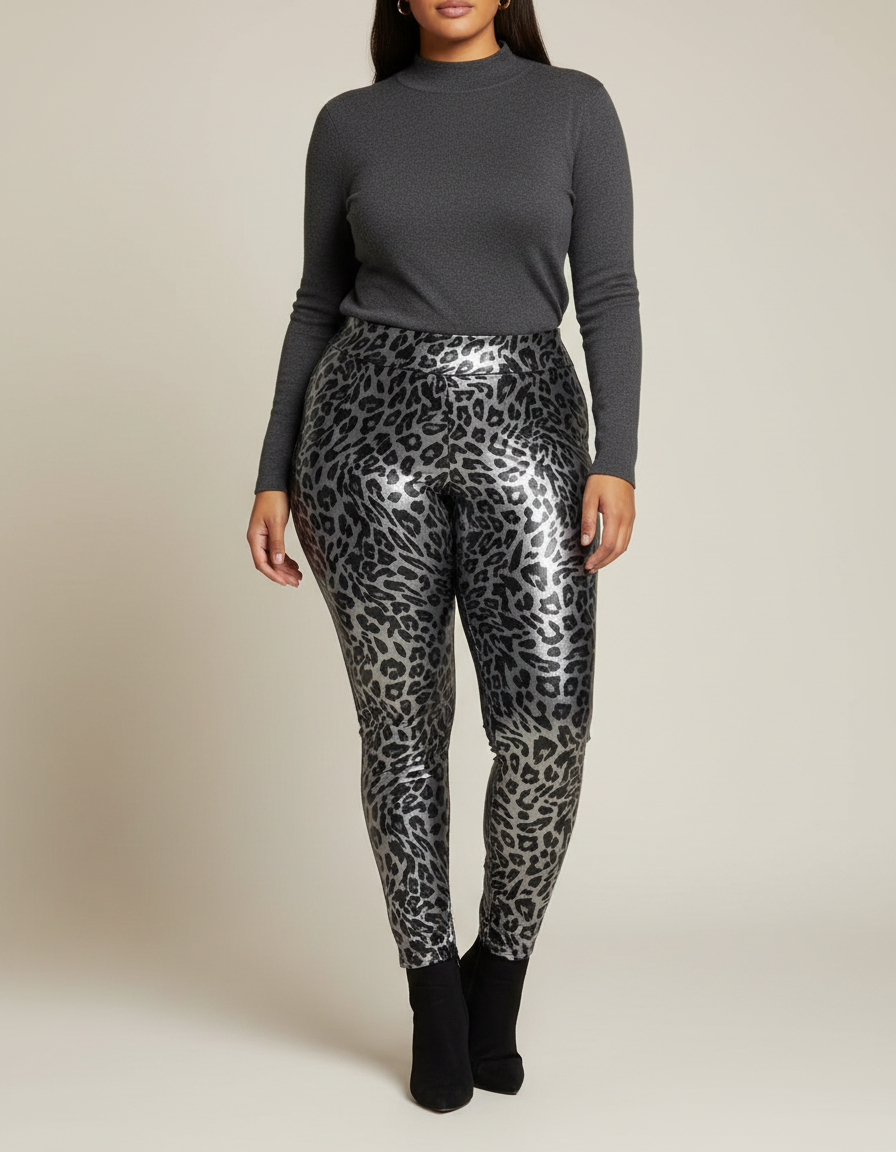 Pantalon Léopard Métallique Taille Haute Slim Brillant - Argenté Simili cuir