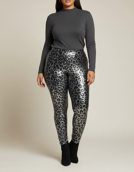 Pantalon Léopard Métallique Taille Haute Slim Brillant - Argenté Simili cuir