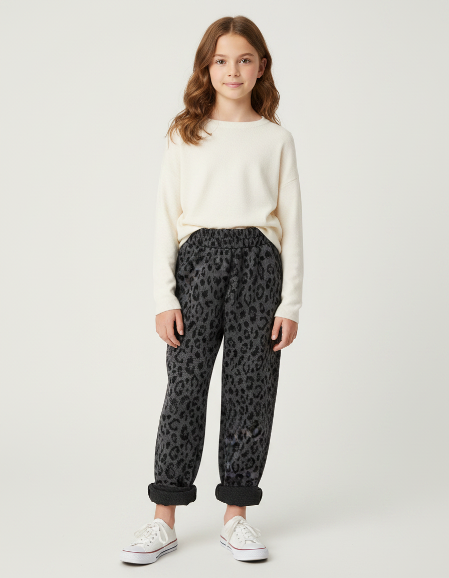 Pantalon Léopard Gris Foncé Ample Molletonné Enfant